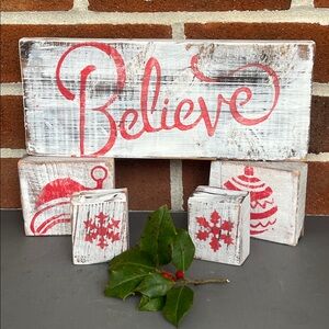 Rustic Distressed Holiday Wood Shelf Sitter 5 Piece Set Handcrafted